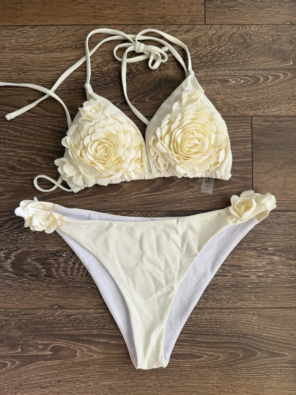 Unworn Floral Appliqué Cream Triangle Bikini Set